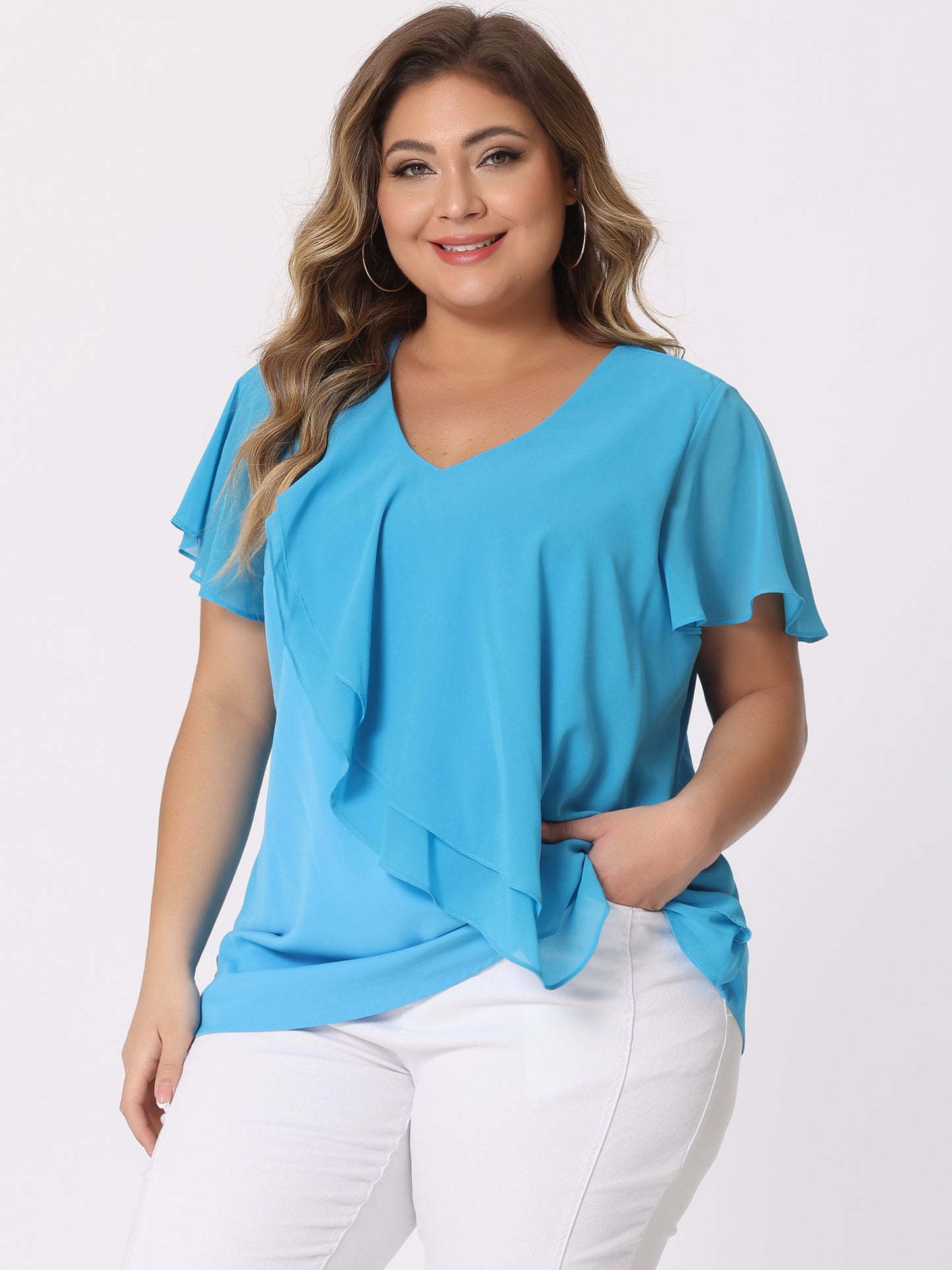 Women Plus Size Flutter Sleeves Tops V Neck Layer Chiffon Blouse Ruffle Top