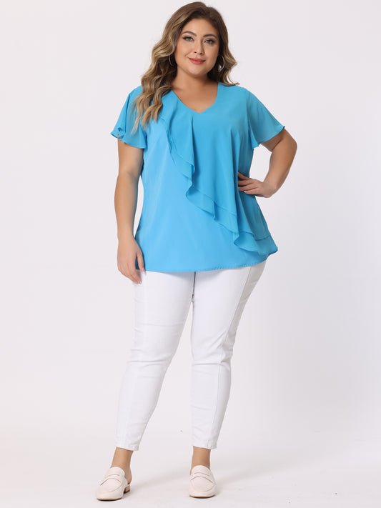 Women Plus Size Flutter Sleeves Tops V Neck Layer Chiffon Blouse Ruffle Top