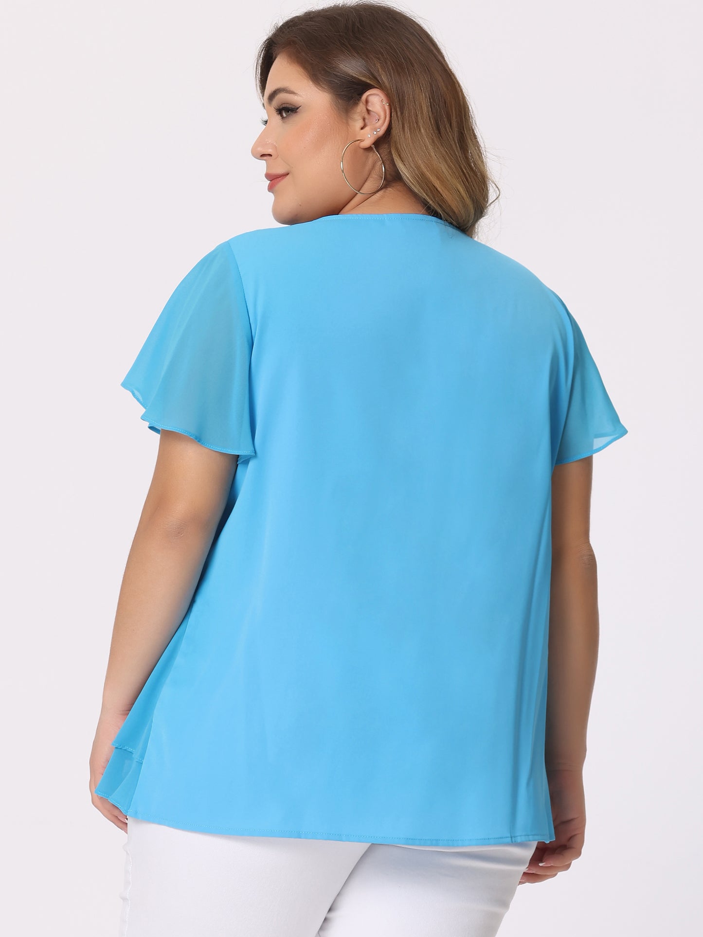 Women Plus Size Flutter Sleeves Tops V Neck Layer Chiffon Blouse Ruffle Top