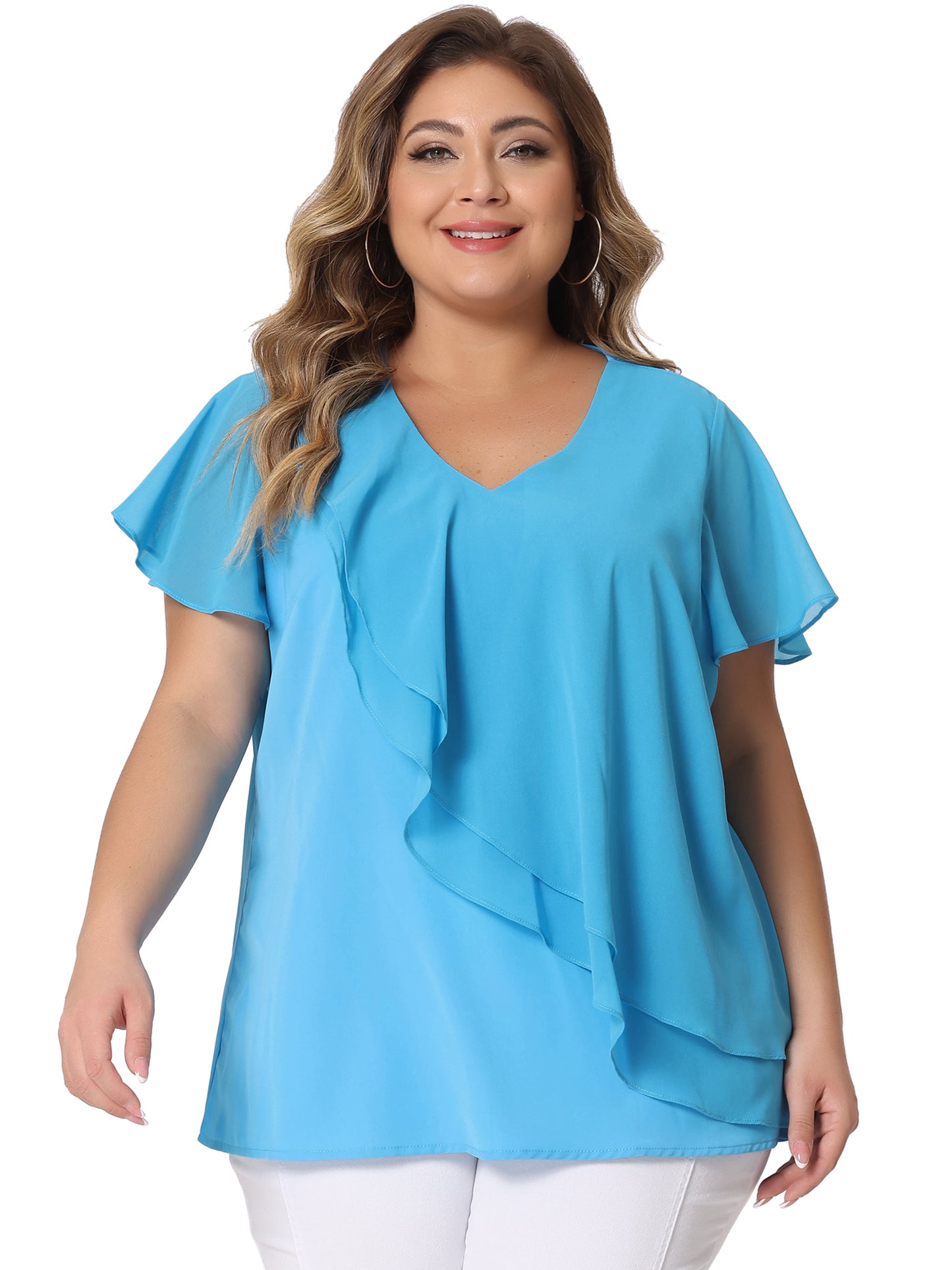 Women Plus Size Flutter Sleeves Tops V Neck Layer Chiffon Blouse Ruffle Top