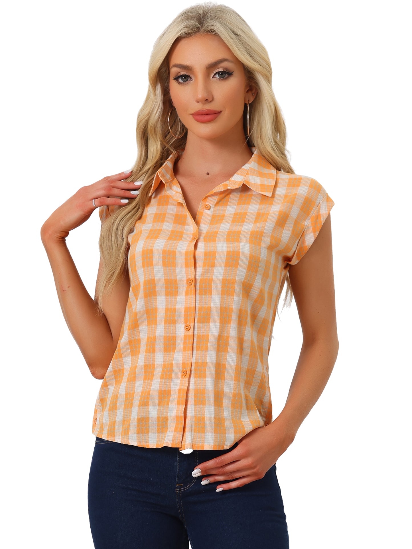 Women's Summer Plaid Cap Sleeves Button Down Shirt
