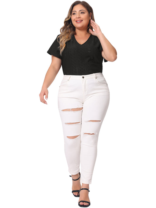 Women's Plus Size Summer Tee V Neck Hollow Flare Short Sleeve Casual Top Tunic