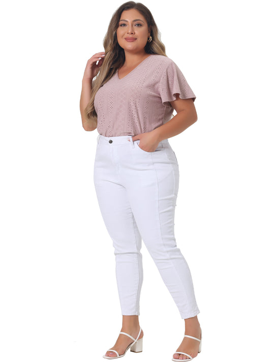 Women's Plus Size Summer Tee V Neck Hollow Flare Short Sleeve Casual Top Tunic