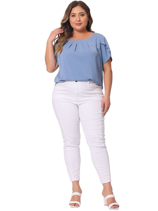 Women Plus Size Work Top Round Neck Pleated Tulip Sleeves Blouse Summer Top