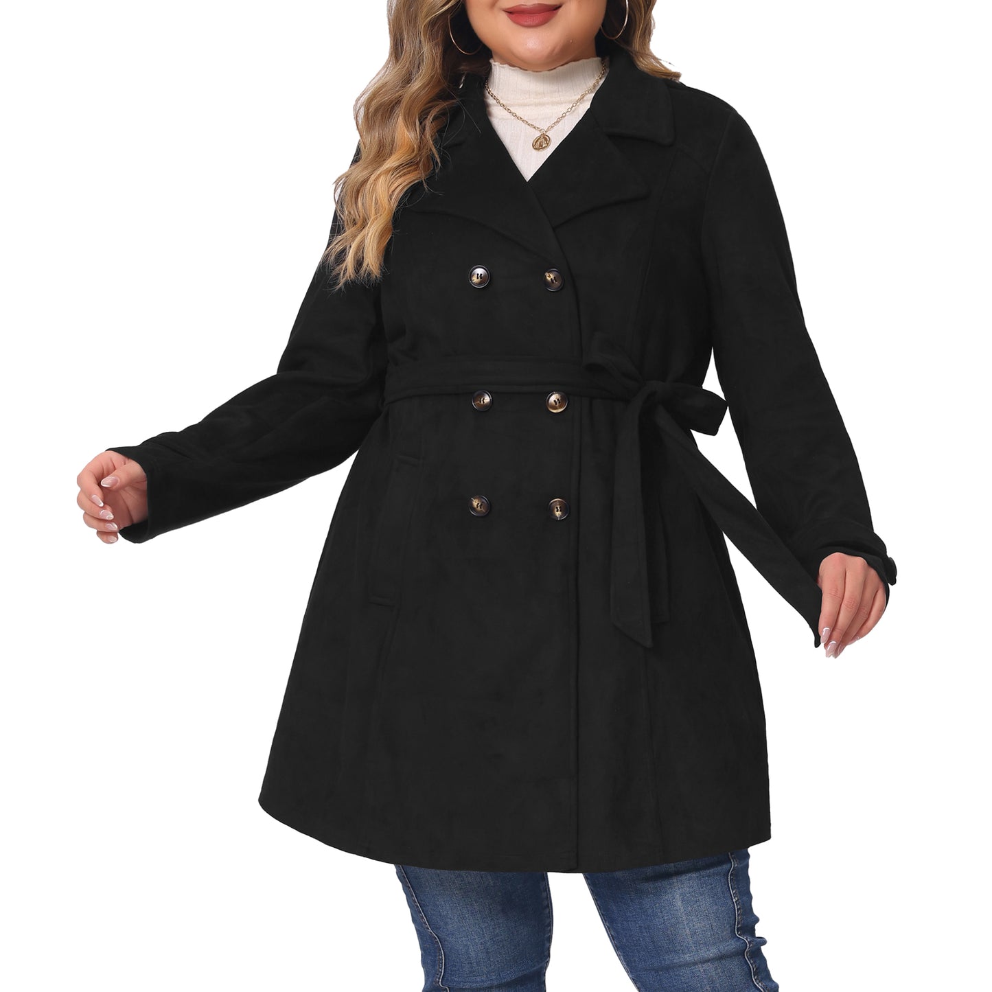 Women Plus Size Trench Coat Faux Suede Jackets Notched Lapel Double Breasted Coat Jacket