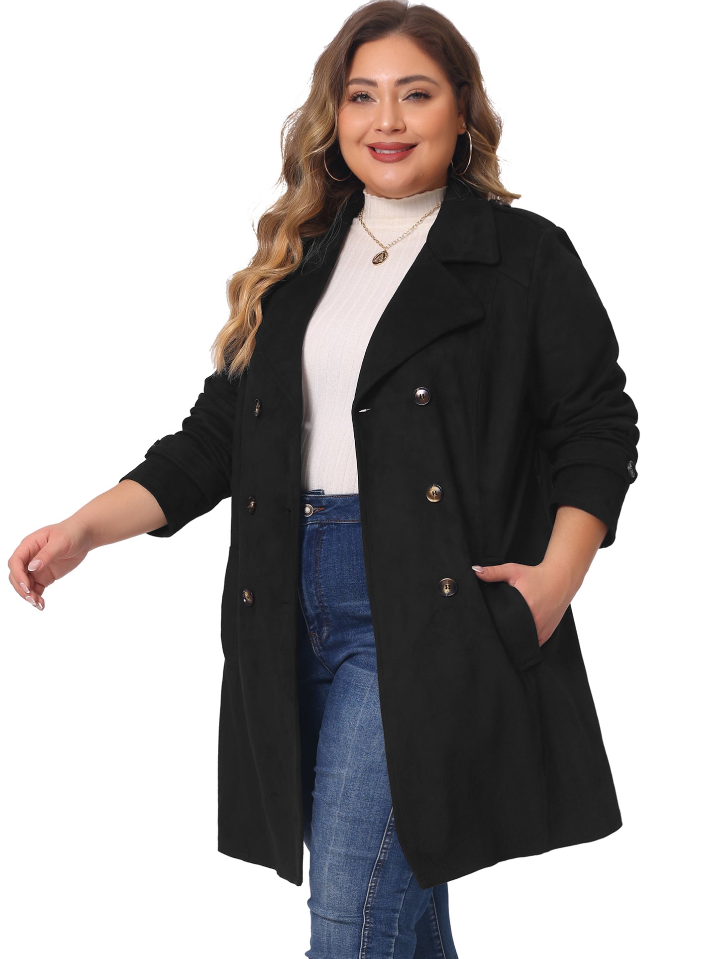 Women Plus Size Trench Coat Faux Suede Jackets Notched Lapel Double Breasted Coat Jacket