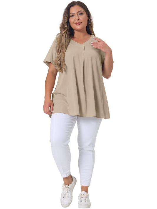 Women Plus Size Blouse Chambray Pleat Front V Neck Short Sleeve Work Shirt