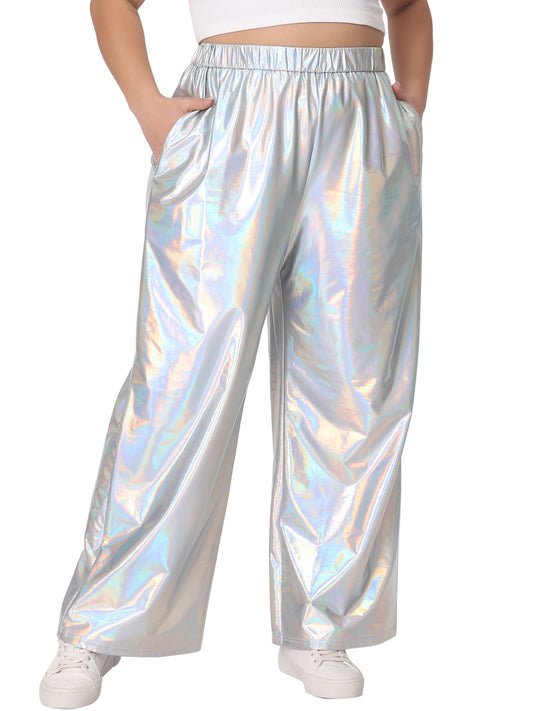 Women Plus Size Metallic High Waist Stretchy Jogger Pants Holographic Hip Hop Streetwear