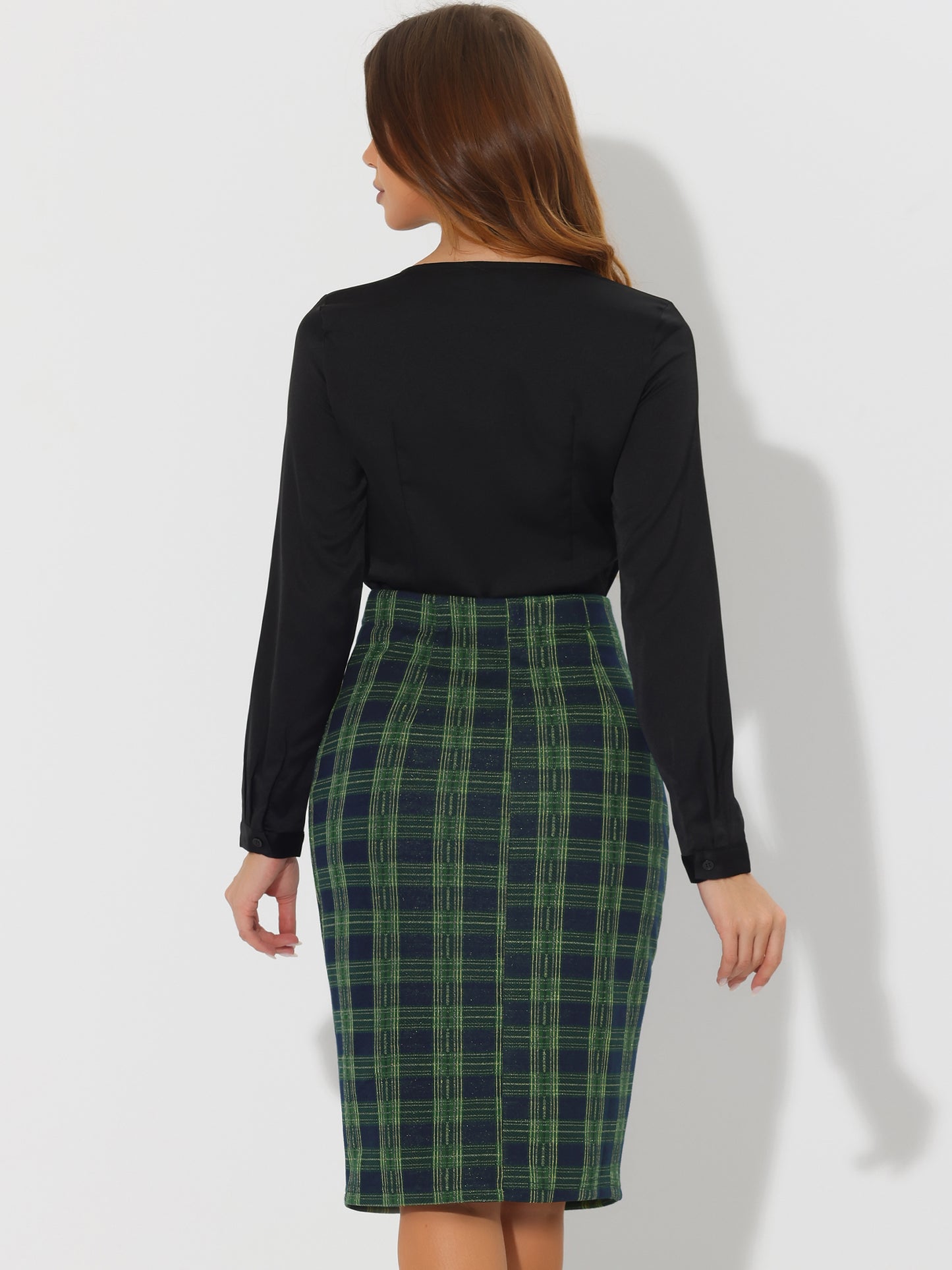 Falda tubo a cuadros con cintura alta elástica hasta la rodilla para mujer con cremallera lateral