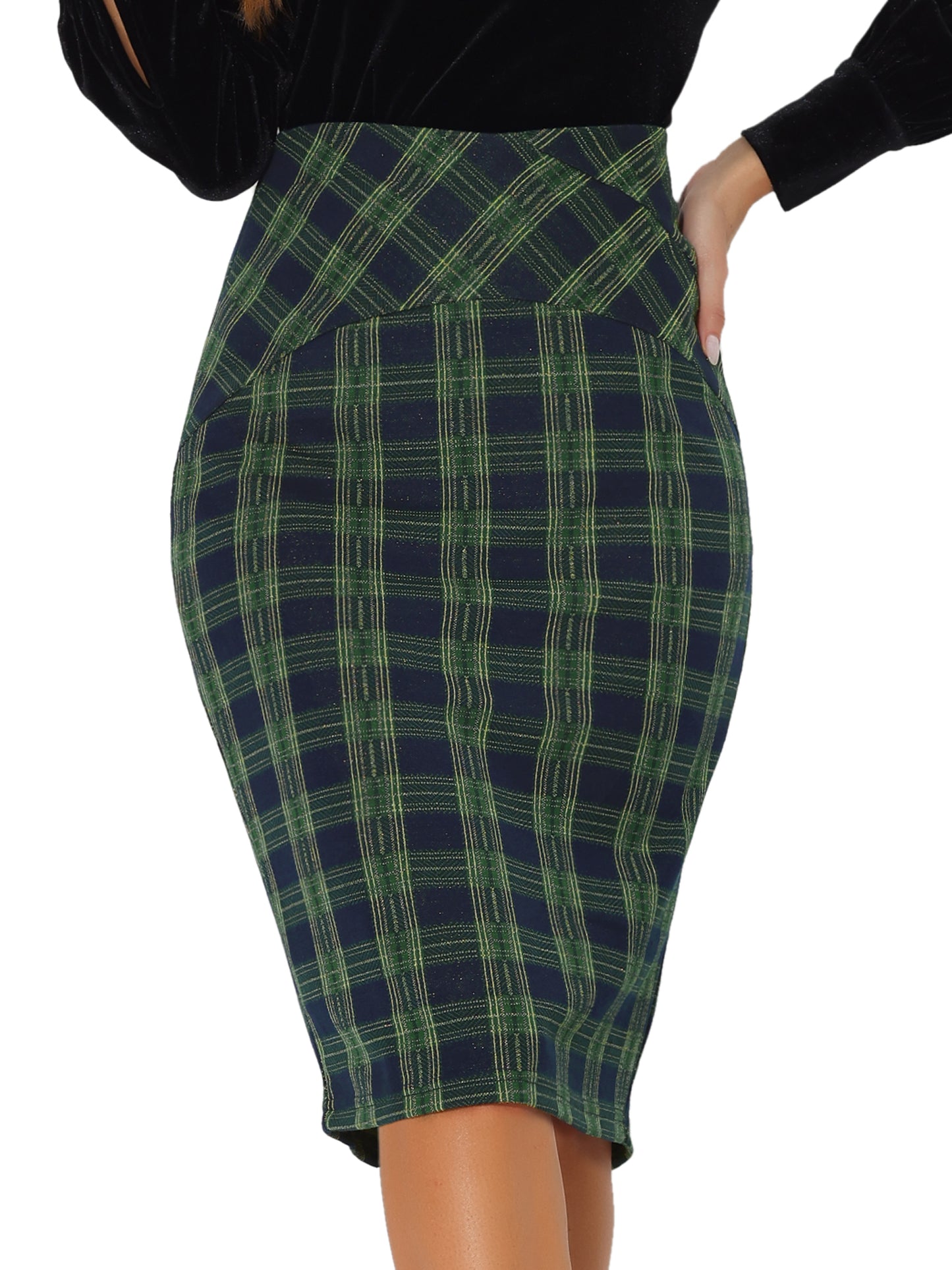 Falda tubo a cuadros con cintura alta elástica hasta la rodilla para mujer con cremallera lateral