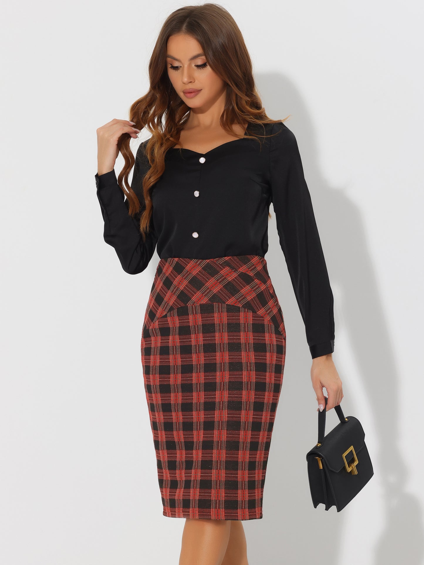 Falda tubo a cuadros con cintura alta elástica hasta la rodilla para mujer con cremallera lateral