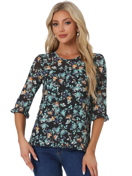 Women's Casual Ruffle 3/4 Sleeve Floral Print Chiffon Blouse
