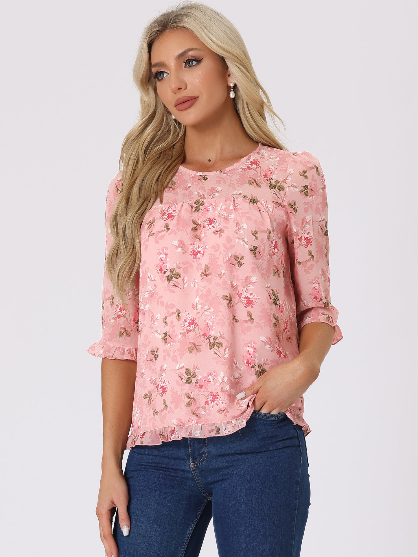 Women's Casual Ruffle 3/4 Sleeve Floral Print Chiffon Blouse
