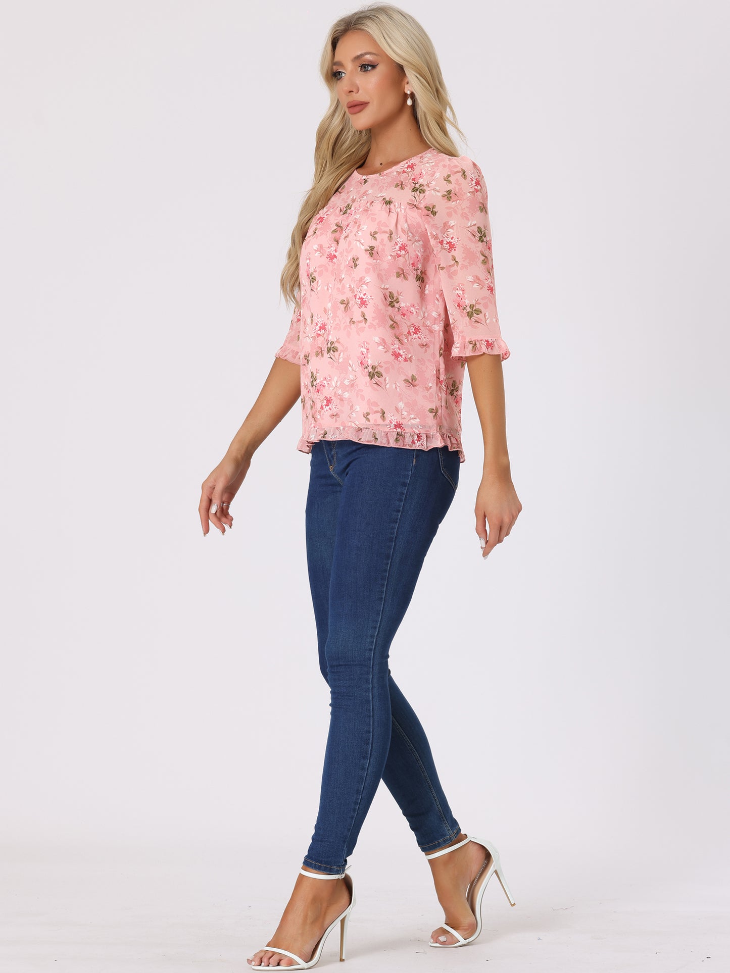 Women's Casual Ruffle 3/4 Sleeve Floral Print Chiffon Blouse