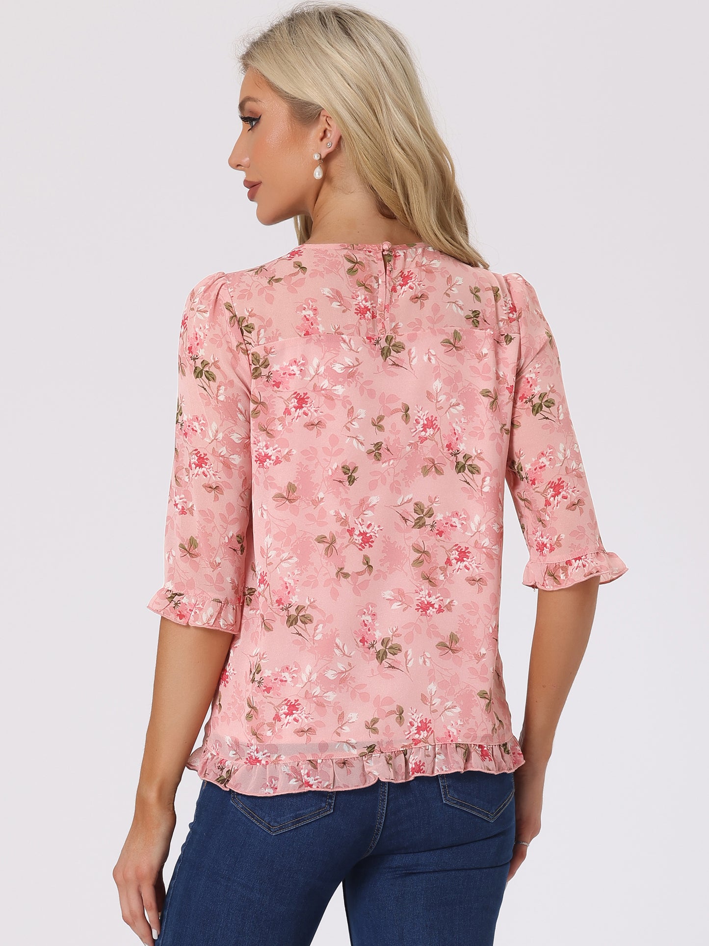 Women's Casual Ruffle 3/4 Sleeve Floral Print Chiffon Blouse
