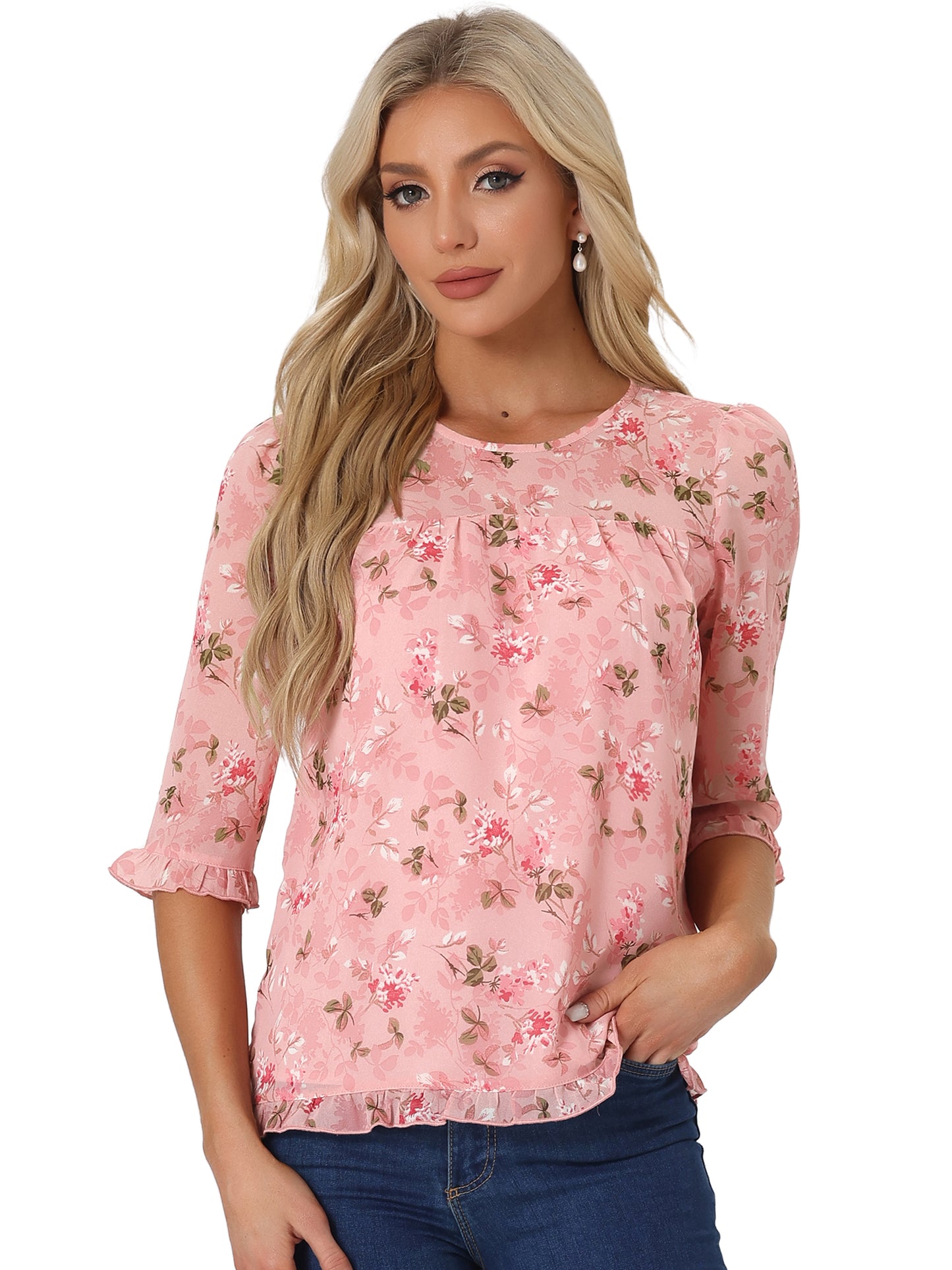 Women's Casual Ruffle 3/4 Sleeve Floral Print Chiffon Blouse