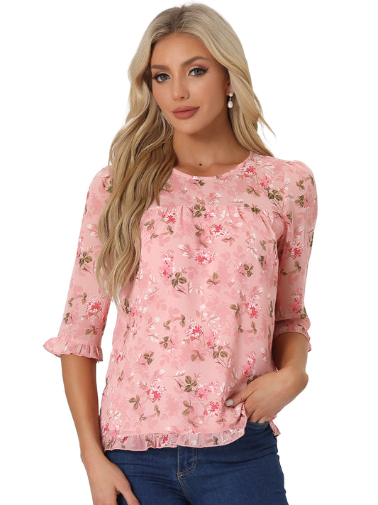 Women's Casual Ruffle 3/4 Sleeve Floral Print Chiffon Blouse