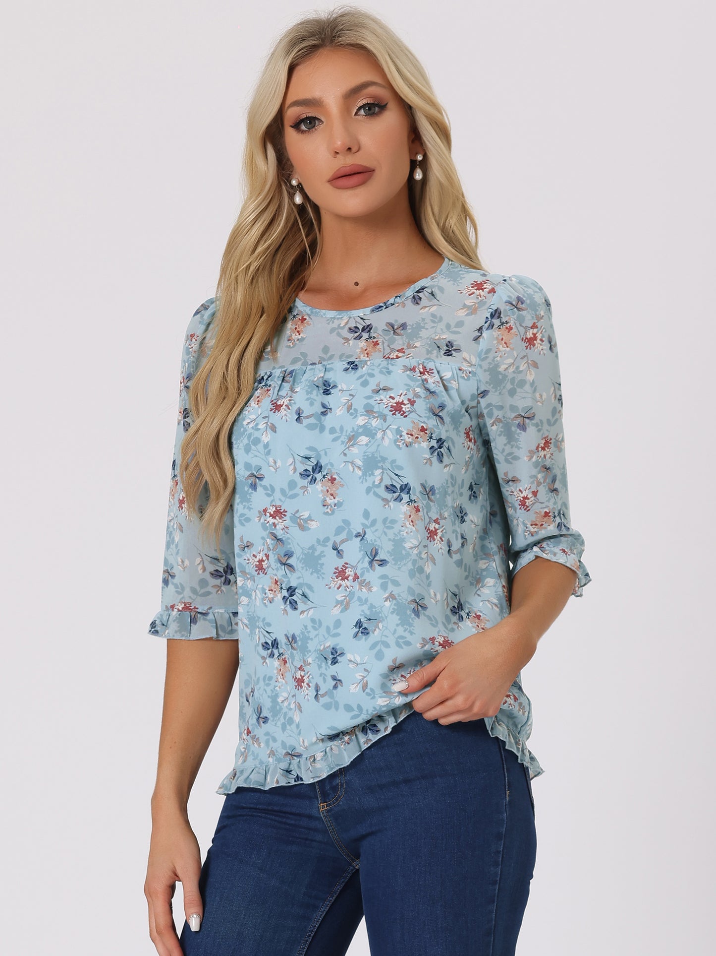 Women's Casual Ruffle 3/4 Sleeve Floral Print Chiffon Blouse