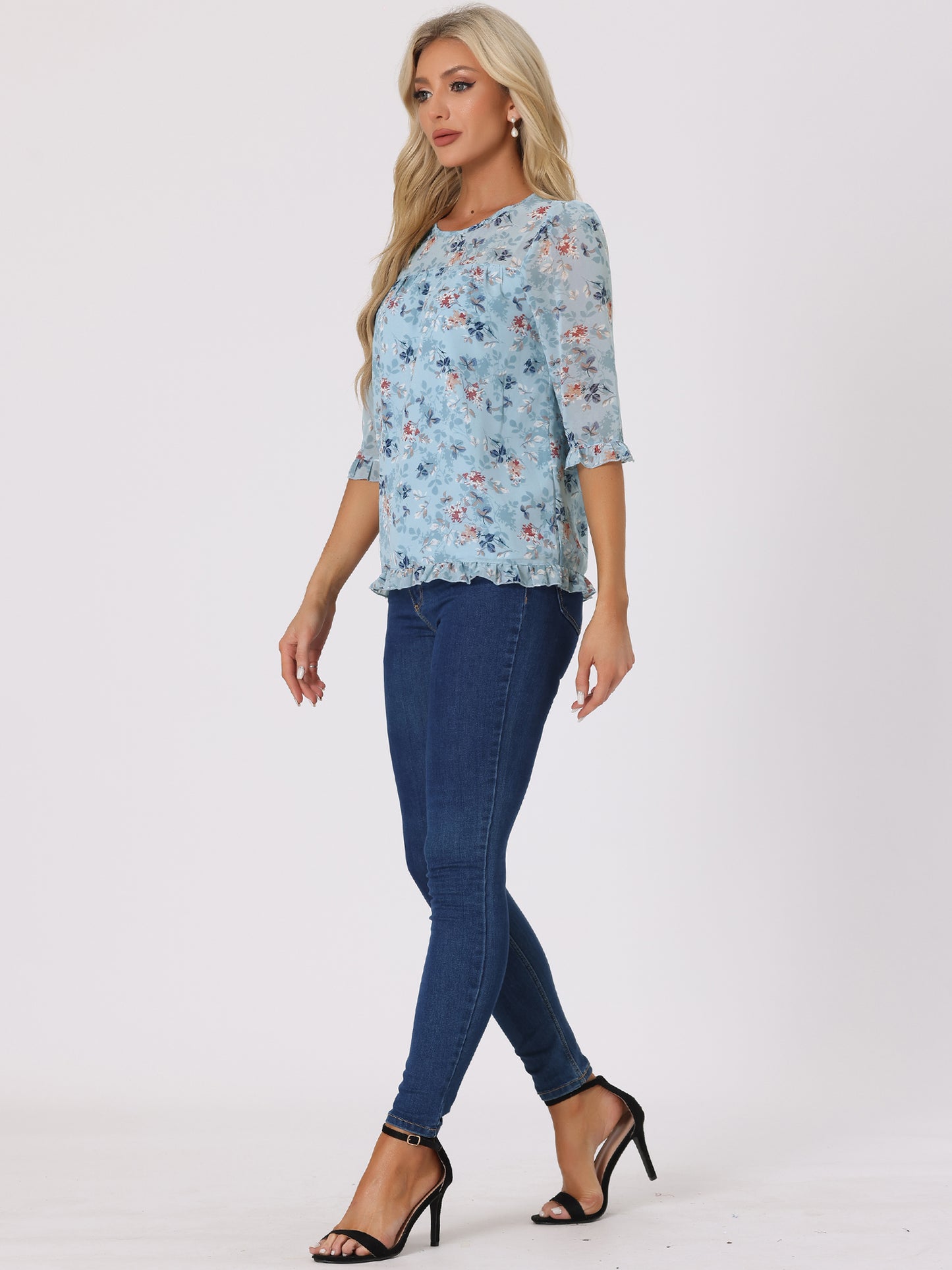 Women's Casual Ruffle 3/4 Sleeve Floral Print Chiffon Blouse