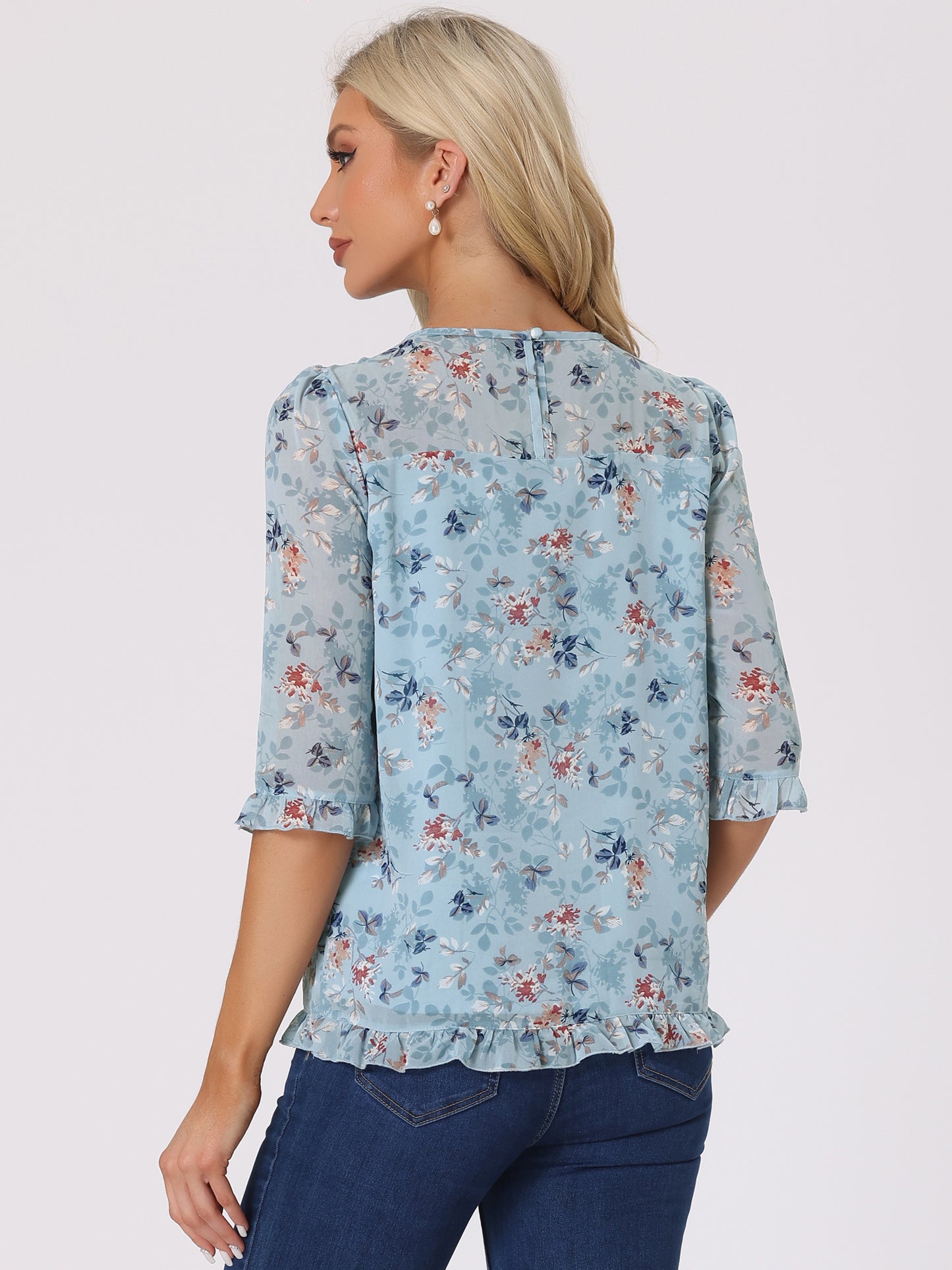 Women's Casual Ruffle 3/4 Sleeve Floral Print Chiffon Blouse