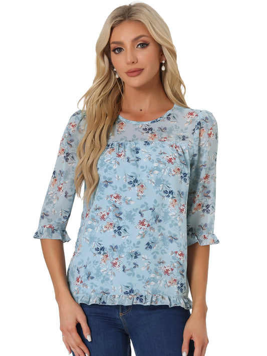 Women's Casual Ruffle 3/4 Sleeve Floral Print Chiffon Blouse
