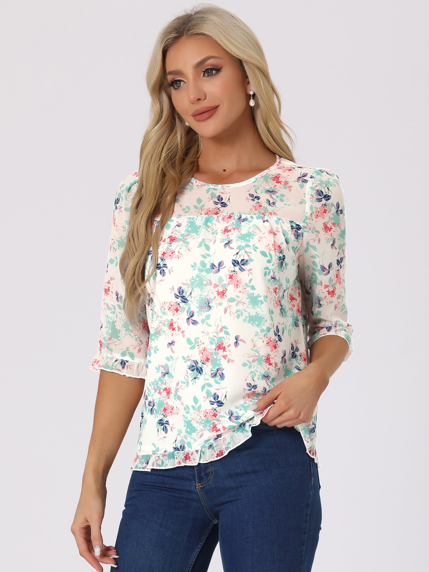 Blusa informal de gasa con estampado floral y mangas 3/4 con volantes para mujer