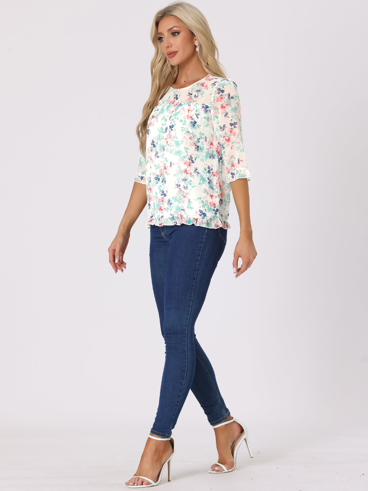 Blusa informal de gasa con estampado floral y mangas 3/4 con volantes para mujer