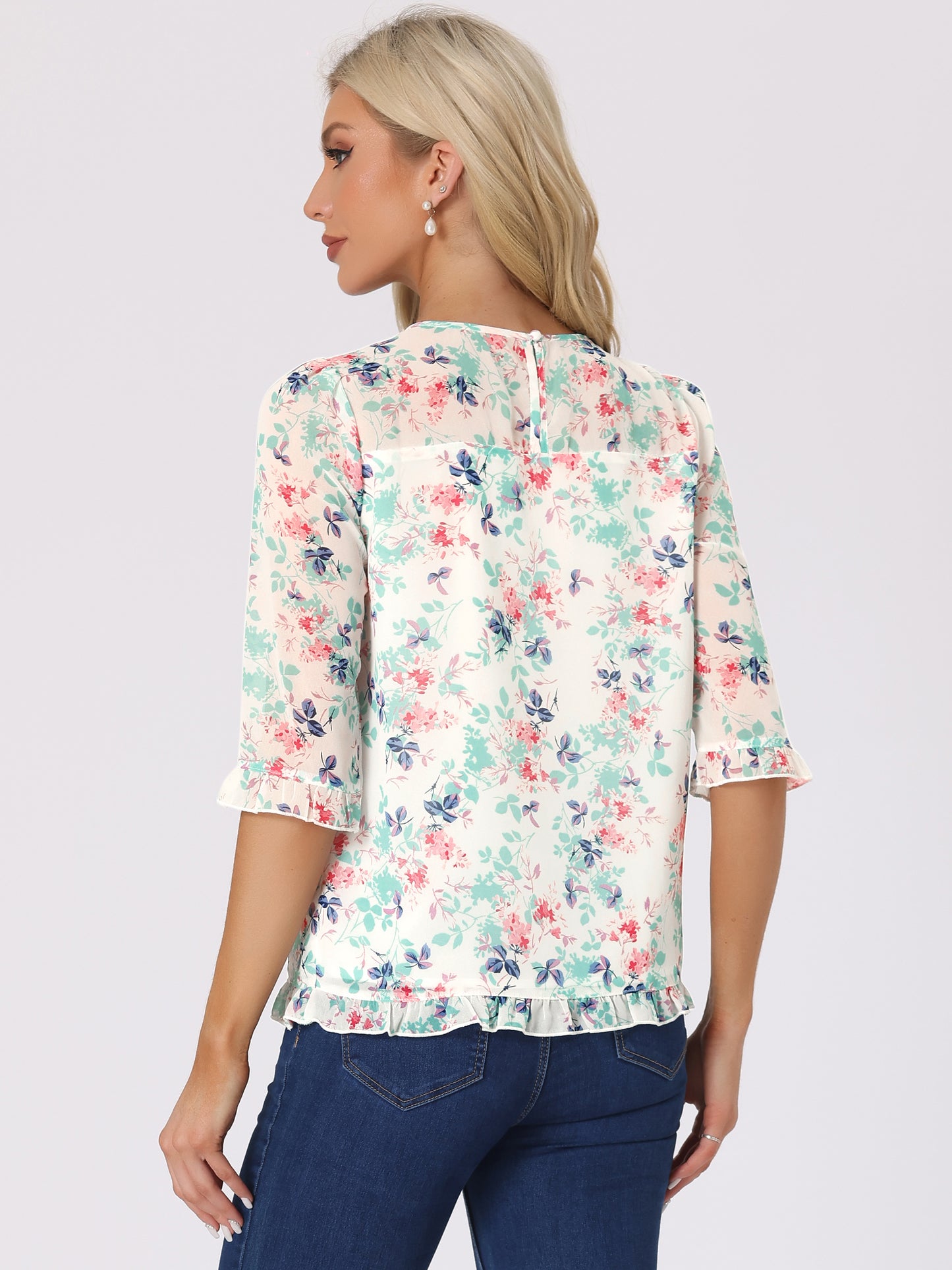 Blusa informal de gasa con estampado floral y mangas 3/4 con volantes para mujer