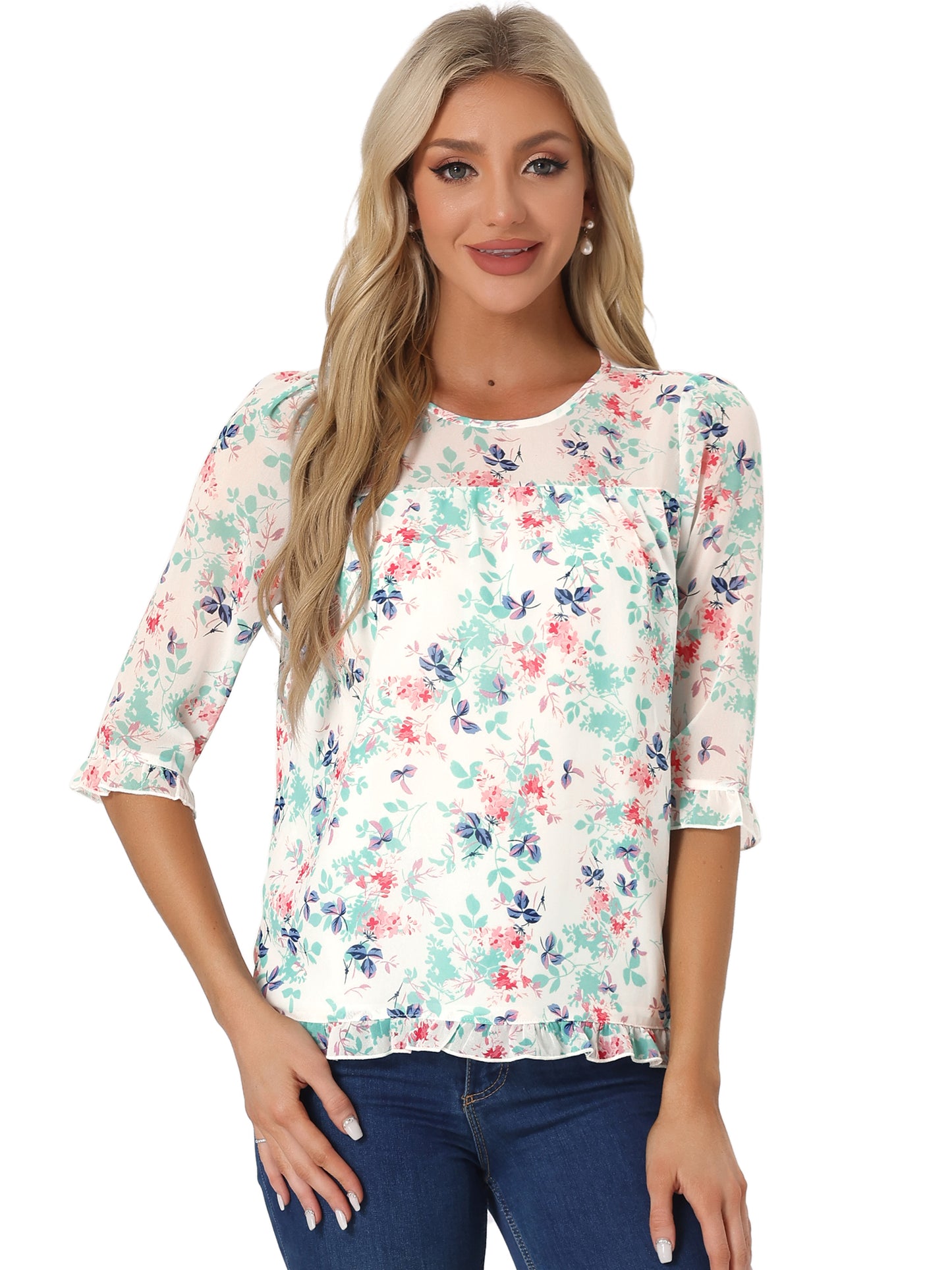 Blusa informal de gasa con estampado floral y mangas 3/4 con volantes para mujer