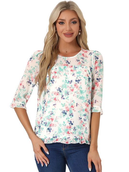 Women's Casual Ruffle 3/4 Sleeve Floral Print Chiffon Blouse