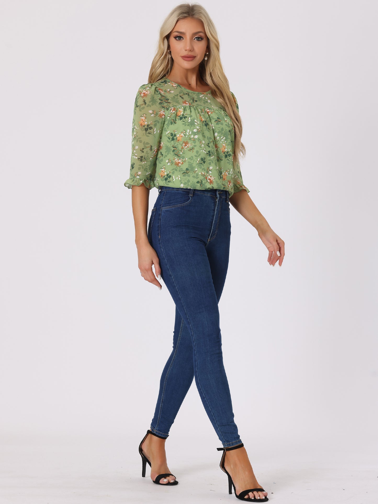 Women's Casual Ruffle 3/4 Sleeve Floral Print Chiffon Blouse