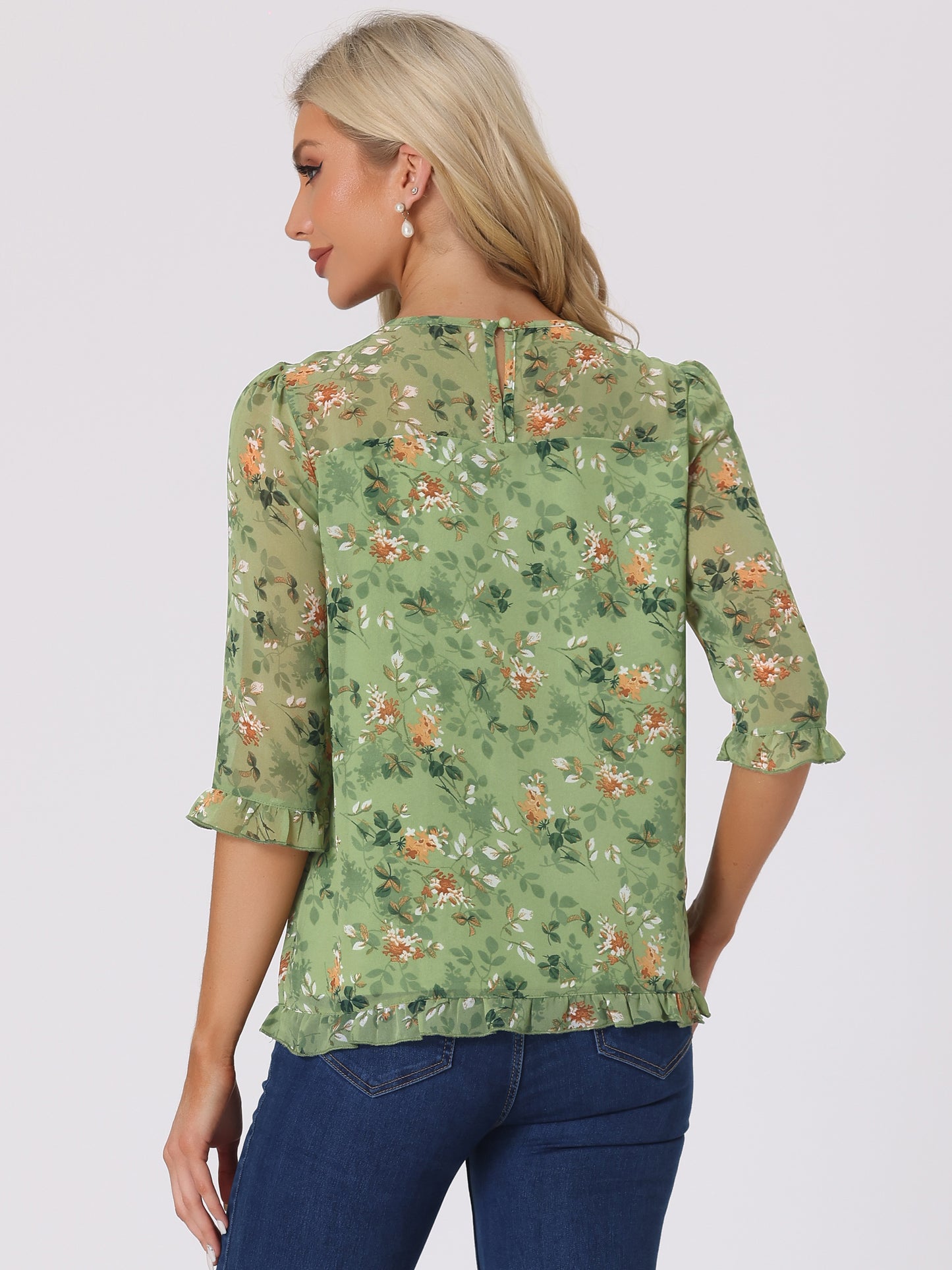 Women's Casual Ruffle 3/4 Sleeve Floral Print Chiffon Blouse