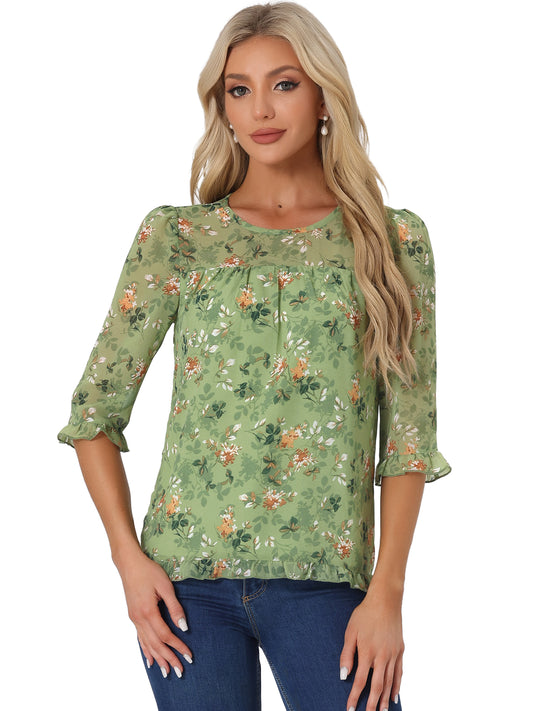 Women's Casual Ruffle 3/4 Sleeve Floral Print Chiffon Blouse