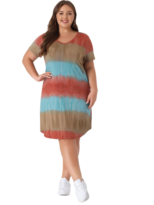 Women Plus Size Tie Dye Summer V Neck Short Sleeve Casual Dresses