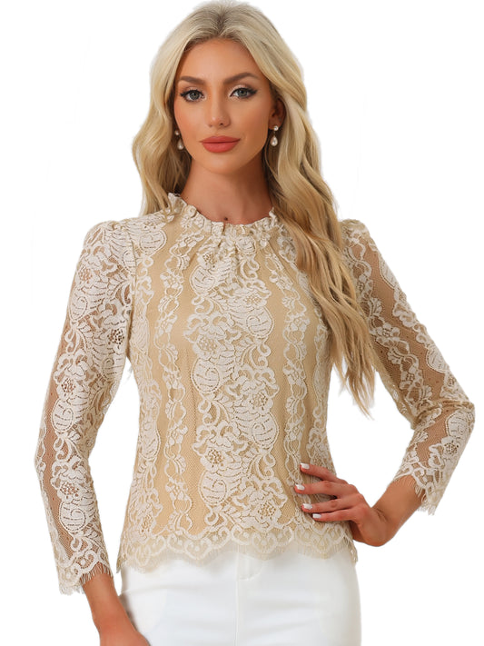 Blusa elegante de manga larga con encaje y peplum para mujer