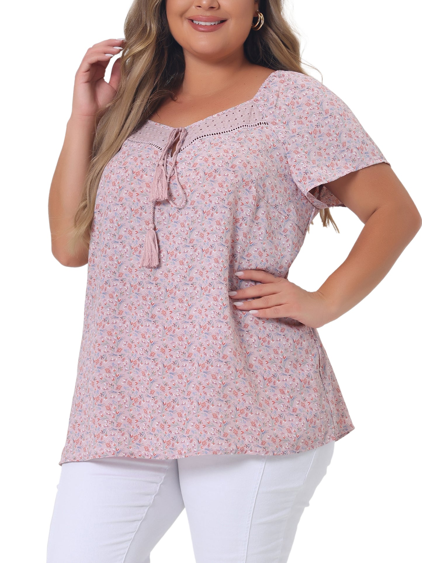 Women Plus Size Blouse Short Sleeve Tie Neck Floral Print Casual Top