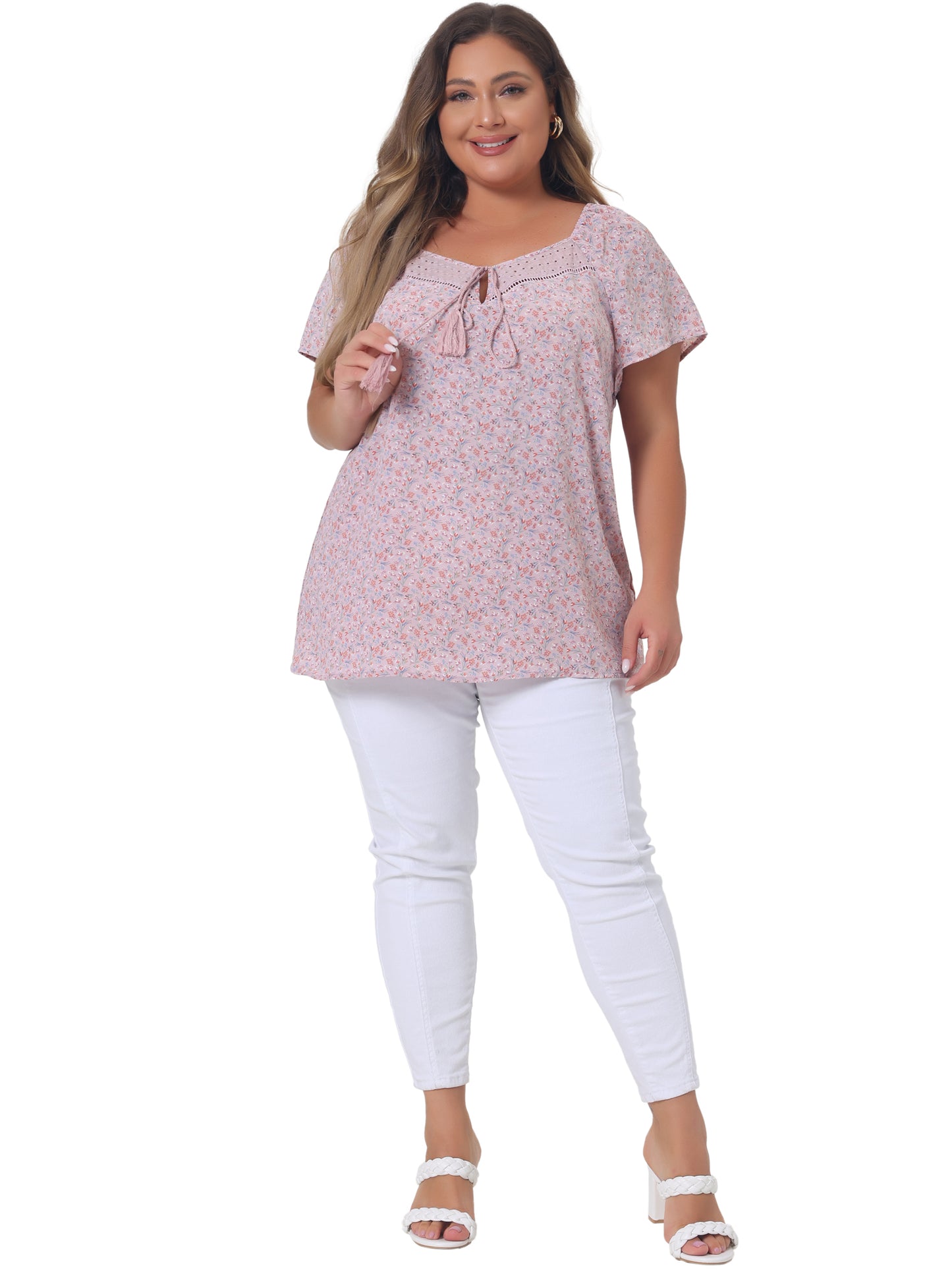 Women Plus Size Blouse Short Sleeve Tie Neck Floral Print Casual Top