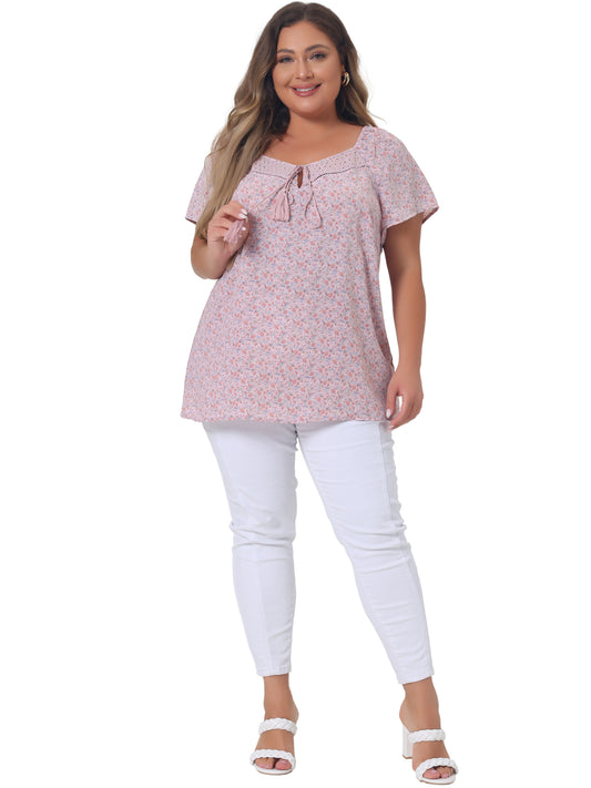 Women Plus Size Blouse Short Sleeve Tie Neck Floral Print Casual Top