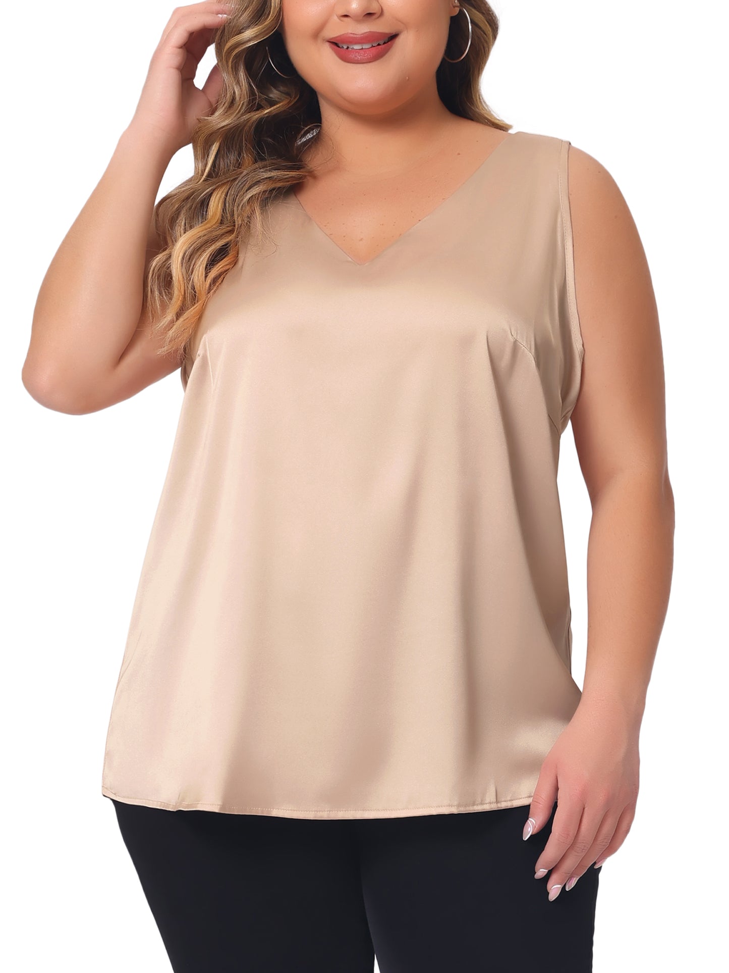 Women Plus Size Satin Tank Tops V Neck Casual Sleeveless Summer Basic Tank