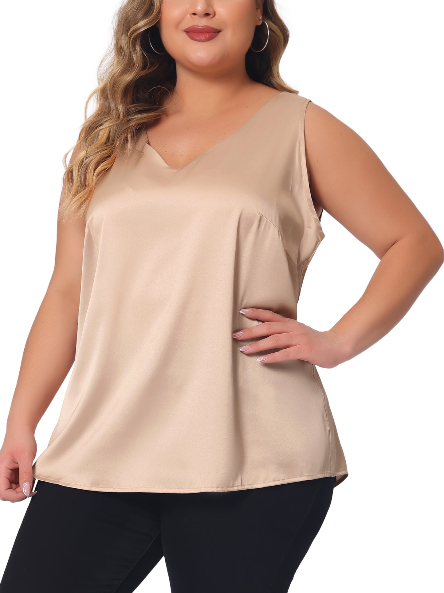 Women Plus Size Satin Tank Tops V Neck Casual Sleeveless Summer Basic Tank