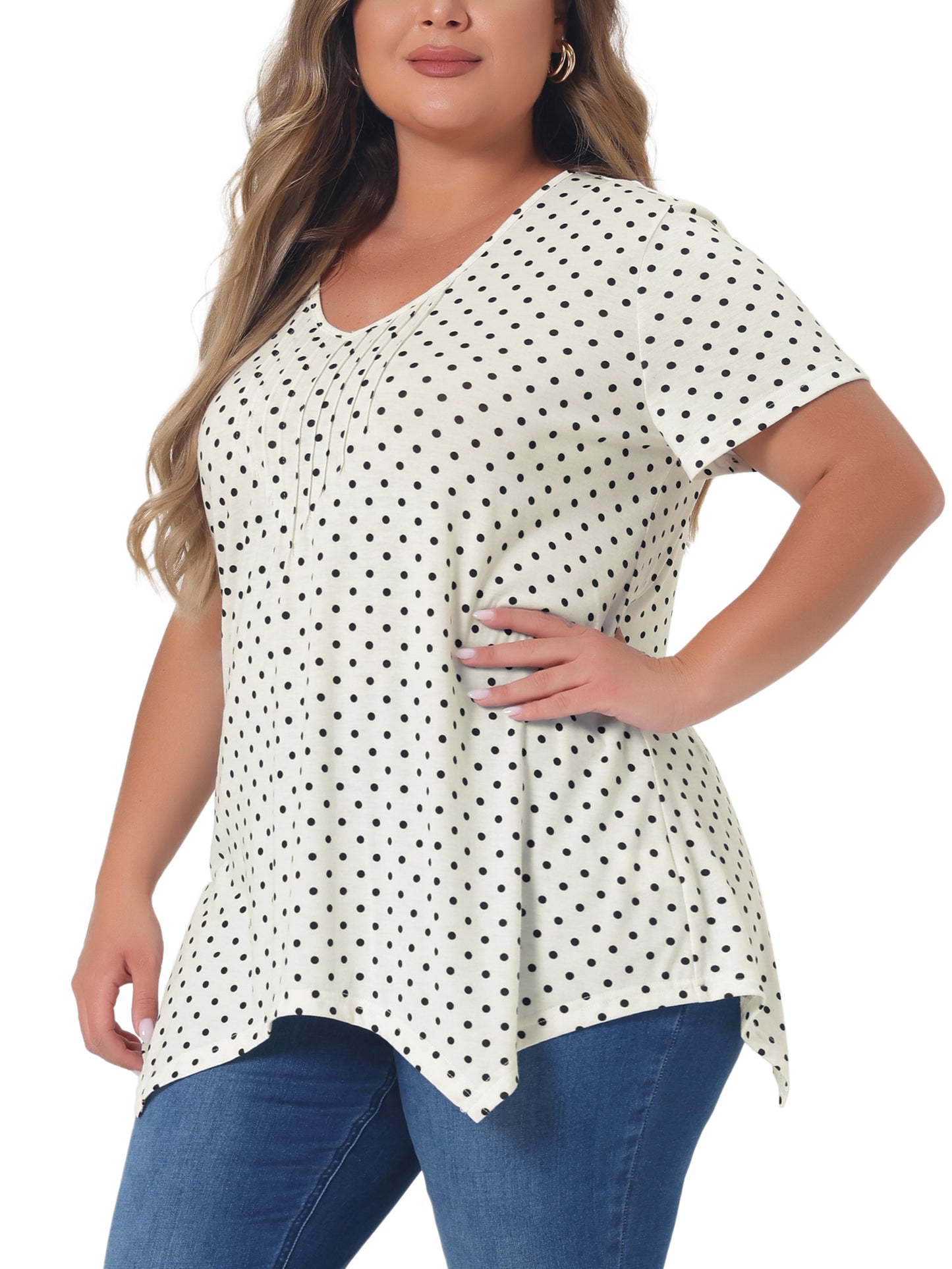 Women Plus Size Blouses Asymmetric V Neck Pintuck Short Sleeve Polka Dots Top