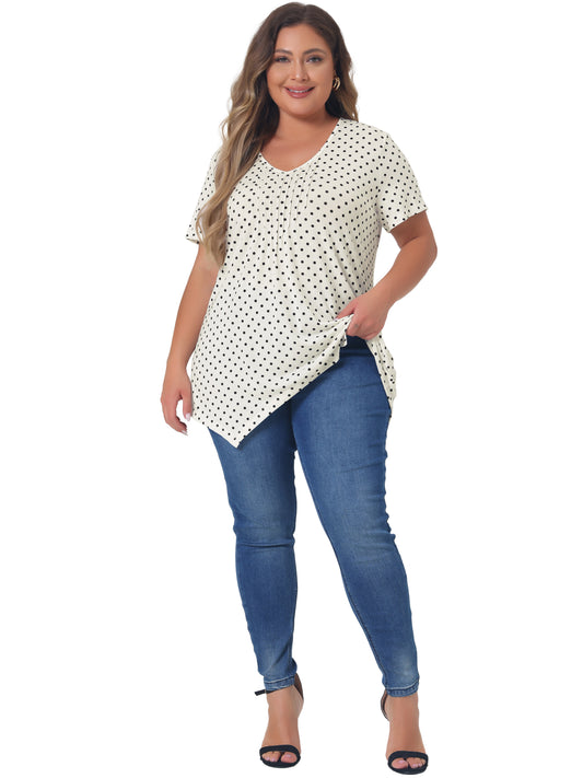 Women Plus Size Blouses Asymmetric V Neck Pintuck Short Sleeve Polka Dots Top