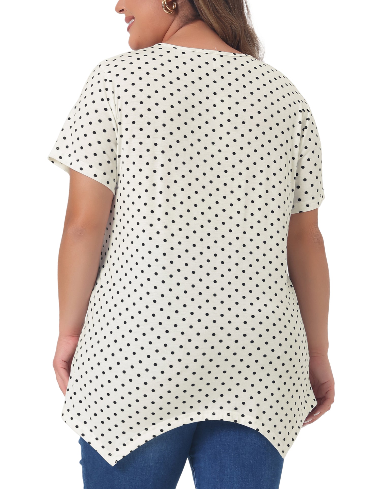 Women Plus Size Blouses Asymmetric V Neck Pintuck Short Sleeve Polka Dots Top