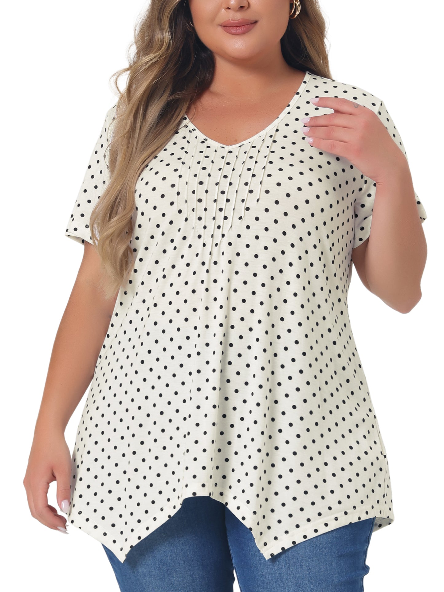 Women Plus Size Blouses Asymmetric V Neck Pintuck Short Sleeve Polka Dots Top