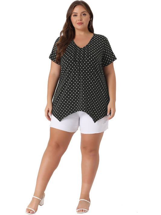 Women Plus Size Blouses Asymmetric V Neck Pintuck Short Sleeve Polka Dots Top
