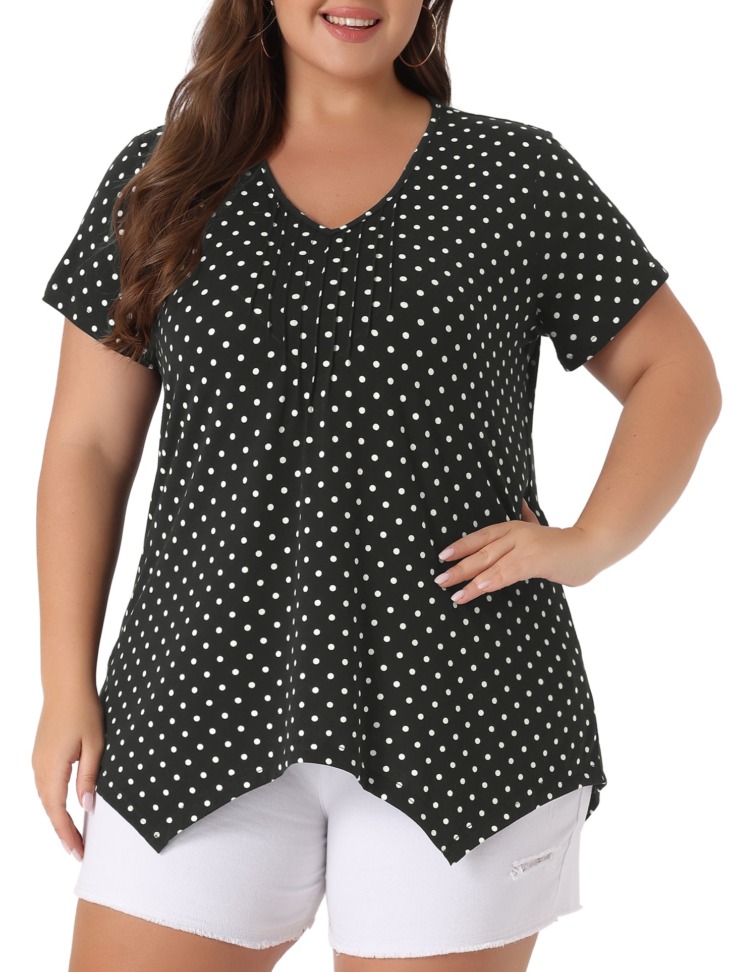 Women Plus Size Blouses Asymmetric V Neck Pintuck Short Sleeve Polka Dots Top
