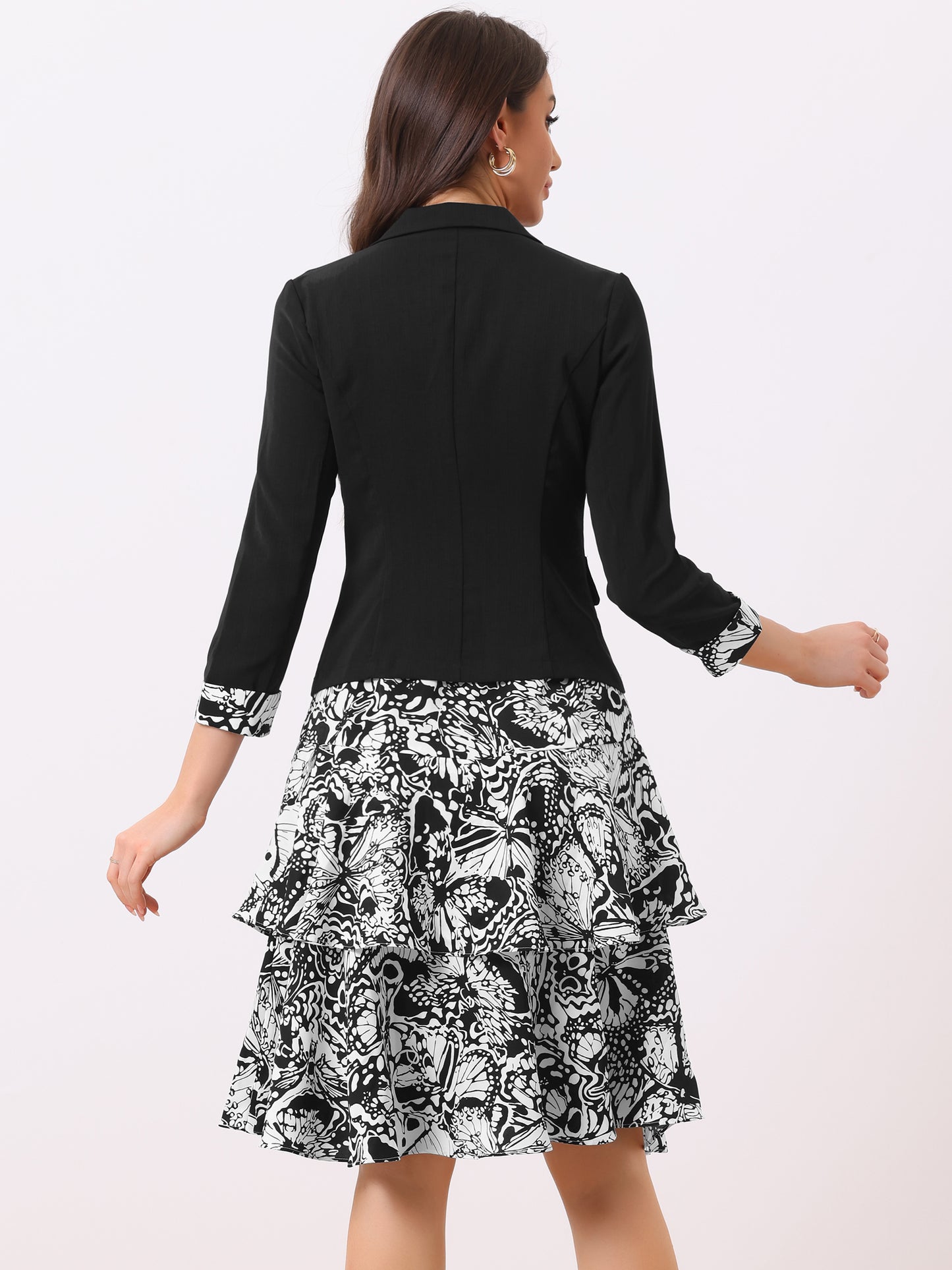 Women's Dress Suit Set Chiffon V Neck Floral Print Dress Contrast Panel Work Blazer
