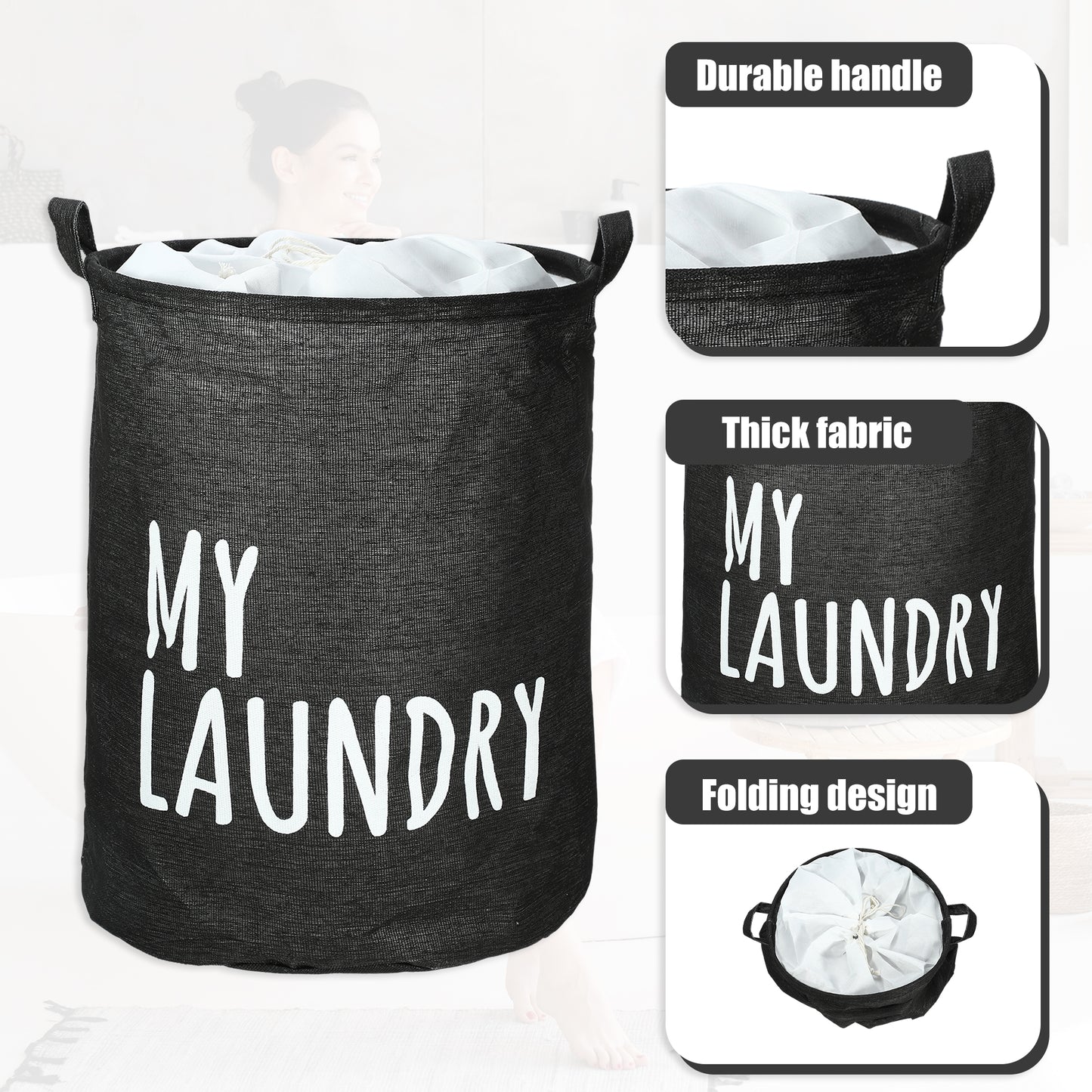 Foldable Laundry Basket, Drawstring Closure Tall Laundry Hamper with Handle Black