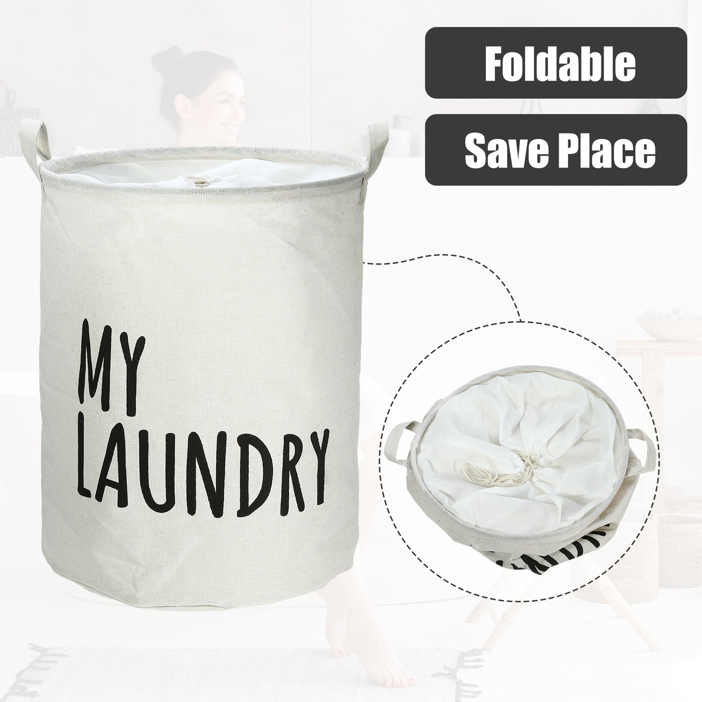 Foldable Laundry Basket, Drawstring Closure Tall Laundry Hamper with Handle White