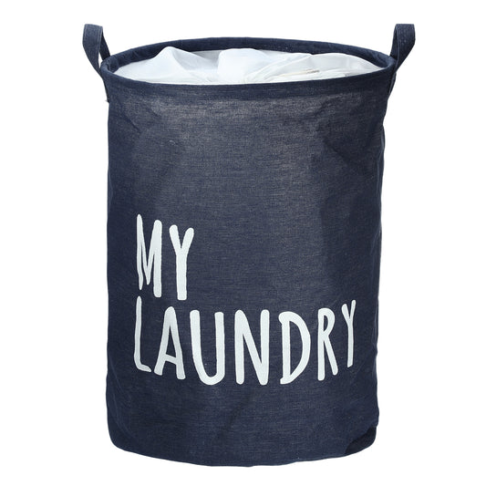 Foldable Laundry Basket, Drawstring Closure Tall Laundry Hamper with Handle Navy Blue